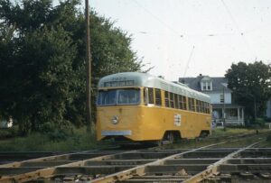 Baltimore Transit Company | Baltimore, Maryland | PCC Streetcar #7073 | crossing Western Maryland Railway | September 1, 1956 | Al Holtz photograph / collection