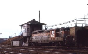 Bangor and Aroostook Railroad | Long Island Railroad | Morris Park, New York | EMD GP9 #69 diesel-electric locomotive | February 1976 | Larry Streingarten photograph / collection