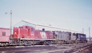 Central Railroad of New Jersey | Raritan, New Jersey | Alco RS3 #1546, EMD GP7 #1525 and GP40P #3677 diesel-electric locomotives | March 1974 | Jack de Rossett photograph | Morning Sun Books collection