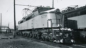 Chicago Milwaukee Saint Paul and Pacific Railroad | Milwaukee Road | Harlowton, Montana | GE Class EF-4 #E77 freight electric-motor | February 17, 1966 | Arthur B. Johnson photograph | Elmer Kremkow collection