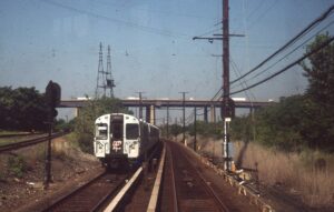 Port Authority Trans – Hudson Rail Line | PATH | Kearny, New Jersey | MU electric train set Eastbound | August 24, 2001 | Harold Smith photograph | Morning Sun Books collection