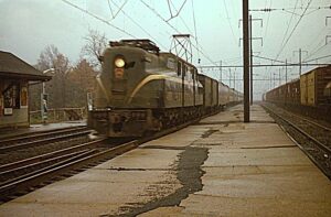 Pennsylvania Railroad | Linden, New Jersey | Altoona Works GG1 #4897 electric motor | eastbound passenger train | October 1967 | William Rosenberg photograph | Morning Sun Books collection