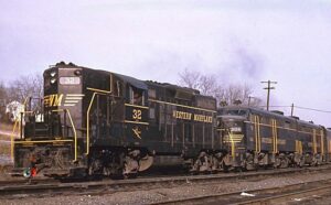 Western Maryland Railway | Williamsport, Maryland | EMD GP7 #32, Alco FA #304 + 2 diesel-electric locomotives | April 1964 | Dave Augsburger photograph | Charles Anderson collection