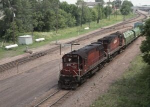 Wisconsin Central Railroad | Minneapolis, Minnesota | ex GB&W Alco RS27 #316 and C424 #313 diesel-electric locomotives | Saint Anthony Yard | June 19, 1994 | Dick Flock photograph / collection
