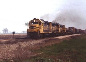 Atchison Topeka and Sante Fe Railway | Stockton, California | EMD GP50 #3252 + 2 diesel-electric locomotives | freight train | January 15, 1984 | Dick Flock photograph / collection