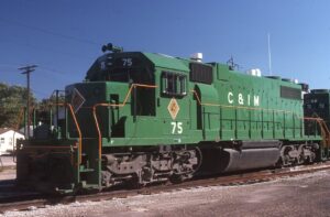 Chicago and Illinois Midland Railroad | Springfield, Illinois | EMD SD38-2 #75 diesel-electric locomotive | October 1974 | Jim Stubblefield photograph | Morning Sun Books collection