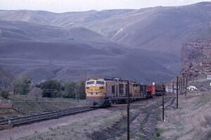 Union Pacific Railroad | Echo Canyon, Utah | GE Gas-Turbine #96 locomotive | freight train | June 1964 | Richard R. Wallin photograph | Richard Prince collection