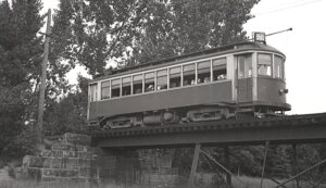 Worcester Consolidated Street Railway | Auburn, Massachusetts | Streetcar — Route 26 Columbus Park | Prospect Park trestle | September 1, 1935 | Howard Johnston, North Jersey Chapter, NRHS Collection
