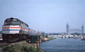 Amtrak | Buzzards Bay, Massachusetts | EMD F40PJ #356 diesel-electric locomotive | WB Cape Codder passenger train | Cape Cod Canal Bridge | August 9, 1986 | Frank Etzel photograph / collection