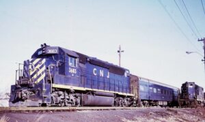 Central Railroad of New Jersey | Raritan, New Jersey | EMD GP40P #3683 diesel-electric locomotive | Commuter train | March 1973 | Jack de Rosset photograph | Morning Sun Books collection