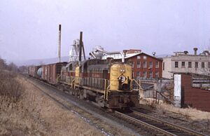 Erie Lackawanna Railway | Washington, New Jersey | Alco RS3 #950 and #915 diesel-electric locomotives | eastbound Dover local | April 1968 | Dave Augsburger photograph | Charles Anderson collection