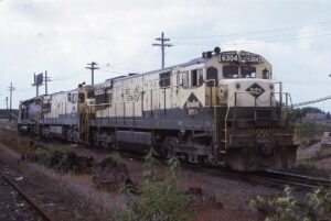 Reading Company | on Central Railroad of New Jersey | GE U30C #6304 and #6302 + one diesel-electric locomotives | September 6, 1975 | Bill Brennan photograph | Morning Sun Books collection