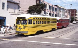 San Francisco Municipal Transit Authority | SFMTA | San Francisco, California | PCC Streetcar #$1057 + 1 | Market Street Line | August 1995 | Richard Forest photograph / collection