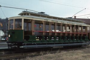 Shade Gap Electric Railway | Rockhill Trolley Museum | Rockhill Furnace, Pennsylvania | Open streetcar | February 1978 | Jack de Rosset photograph | Morning Sun Books collection