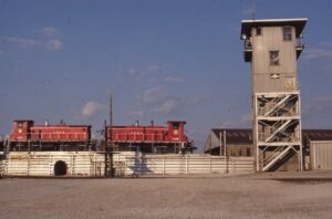 Terminal Railroad Association | East Saint Louis, Illinois | EMD SW1500 #1512 and 1508 diesel-electric locomotives | Hump Tower | July 13, 2001 | Dick Flock photograph / collection