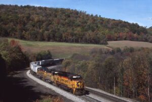 Chessie System | Baltimore and Ohio Railroad | Mance, Pennsylvania | EMD GP40-2 #6279 + 2 diesel-electric locomotives | Westbound #R135 | October 15, 1988 | Carl Perelman photograph | Frank Etzel collection