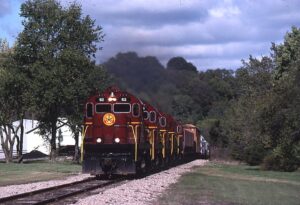 Arkansas and Missouri Railroad | West Fork, Arkansas | Alco C420 #62 + 4 diesel-electric locomotives | freight | October 13, 1997 | Carl Perelman photograph | Frank Etzel collection
