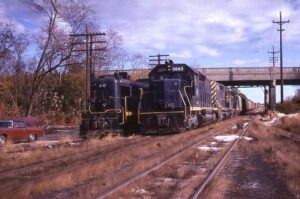 Central Railroad of New Jersey | Lakehurst, New Jersey | EMD SD40 #3062 + 2 and RS3 at left, diesel-electric locomotives | SB JS-1 | Saturday, November 3, 1973 | Al Holtz photograph / collection