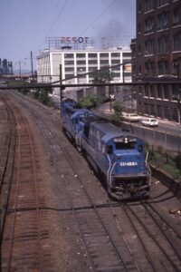 Conrail | Jersey City, New Jersey | GE B40-8 #5042 + 2 diesel-electric locomotives | Double stack train | July 1985 | Frank Etzel photograph / collection