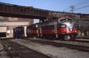 Metro North Commuter Railroad | Croton Harmon, New York | EMD FL9 #2030 hybrid electric – diesel-electric locomotive | at shop building | January 1986 | Frank Etzel photograph / collection