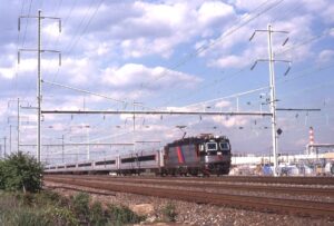 New Jersey Transit | Rahway, New Jersey | Asea Brown Boveri ALP-44 #4404 electric motor | Long Branch commuter train | June 24, 1991 | Frank Etzel photograph / collection