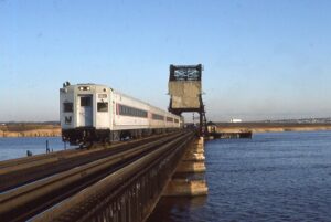 New Jersey Transit | Secaucus, New Jersey | Comet I Cab Car #5100 | HX Hackensack Bascule Draw Bridge | April 1985 | Frank Etzel photograph / collection