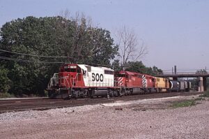Minneapolis, Saint Paul, Sault Ste. Marie Railroad | aka Soo Line Railroad | Blue Island, Illinois | EMD SD40 #780, CP SD40s #5406 and #5408 | outbound freight train | June 25, 1989 | Glen P. Koshiol photograph | Stephen Timko collection