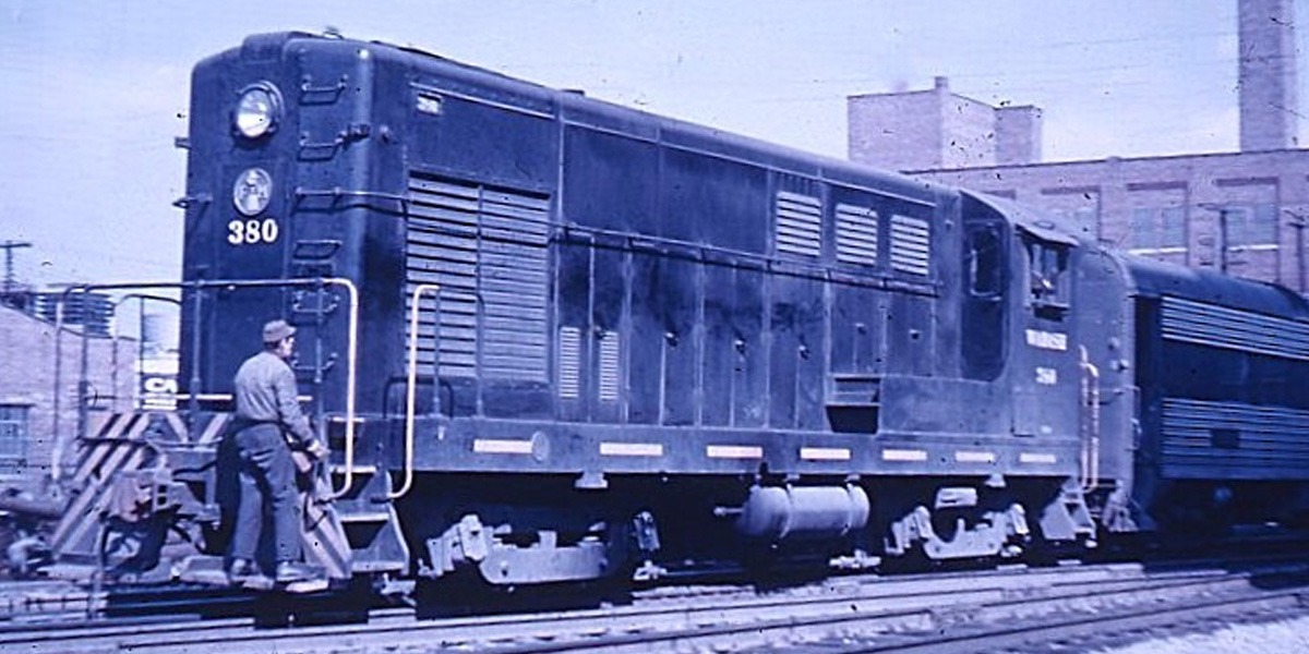 Wabash Railroad | Decatur, Illinois | Fairbanks-Morse H10-44 #380 diesel-electric locomotive | switching passenger coaches | March 17, 1962 | Richard Wallin photograph | Charles Anderson collection