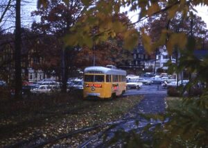 Baltimore Transit Company | Towson, Maryland | PCC Streetcar #7077 | Route 11 Towson | November 1962 | John Hilton photograph / collection
