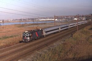New Jersey Transit | Kearny, New Jersey | Asea Brown Boveri class ALP-44 #4408 electric motor | Westbound Morris & Essex commuter train | November 5, 1991 | Frank Etzel photograph / collection
