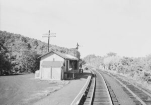 New York Central System | Eastview, New York | Putnam Division | Passenger station from rear of train | April 1958 | Fielding Lew Bowman photograph / collection