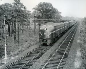 Pennsylvania Reading Seashore Lines | Pennsylvania Railroad | Lindenwold, New Jersey | EMD E8a #5766 + ab diesel-electric locomotive | eastbound Shriners Special | August 1960 | R. L. Long photograph | West Jersey Chapter, NRHS Collection