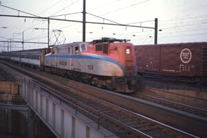 Amtrak | Penn Central Transportation Company | Rahway, New Jersey | Altoona Works Class GG1 #909 electric motor | PC Train #4127 | October 3, 1973 | Richard Prince photograph / collection
