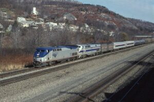 Amtrak | South Fork, Pennsylvania | GE D9-42 #172 and 77 diesel-electric locomotives | WB Three Rivers | November 4, 2002 | Dick Flock photograph / collection