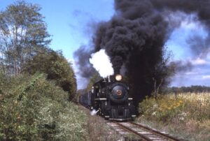 East Broad Top Railroad | Shirley Township, Pennsylvania | Baldwin narrow gauge 2-8-2 #17 steam locomotive | Passenger train | October 8, 1995 | Carl Perelman photograph | Frank Etzel collection
