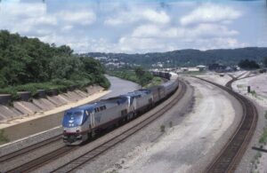 Amtrak | on Norfolk Southern | Pitcairn, Pennsylvania | GE P42 #362 + 1 diesel-electric locomotives | westbound Three Rivers | June 28, 2002 | Mitchell E. Dakelman photograph / collection