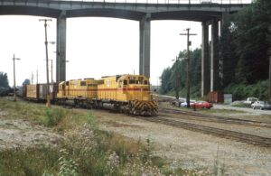 British Columbia Hydro and Power | Vancouver, British Columbia, Canada | GMD SD38-2 #381 and #384 diesel-electric locomotives | September 14, 1983 | unknown photographer | Stephen Timko collection|
