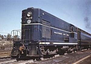 Baltimore and Ohio Railroad | Baltimore, Maryland | Fairbanks Morse H10-44 #302 diesel-electric locomotive | shifting passenger cars | September 25, 1949 | William Echternacht, Jr. photograph / collection
