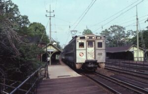 SEPTA | Conrail | Radnor, Pennsylvania | GE MP85 car #329 + | Radnor Passenger Station | May 20, 1982 | Harold Smith photograph | Morning Sun Books collection
