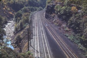 Delaware, Lackawanna and Western Railroad | Scranton. Pennsylvania | View of right-of-way, looking west from top of Nay Aug Tunnel | September 1948 | Henry Libby photograph / collection