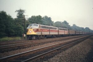 Erie Lackawanna Railway | Allendale, New Jersey | EMD E8a #816 and #825 diesel-electric locomotives | Westbound train #54 | September 11, 1974 | Sandy Burton photograph | Jersey Central Chapter NRHS collection