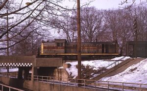 Erie Lackawanna Railway | Glen Rock, New Jersey | Alco RS3 #914 diesel-electric locomotive | Bergen County Line Hoboken bound train | January1970 | Ken Kulick photograph / collection