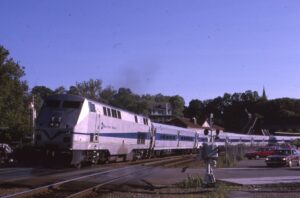 Metro North Commuter Railroad | Peekskill, New York | GE P32AC-DM #202 diesel-electric locomotive | Poughkeepsie bound commuter train | June 1986 | John Scala photograph | Stephen Timko collection