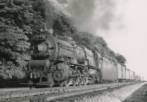 Pennsylvania Railroad | Dauphin, Pennsylvania | Juniata Works Class M1 4-8-2 #6964 steam locomotive | westbound freight on the Northern Central | June 1949 | Bert Pennybacker photograph | Francis B. Landenberger Palmer collection
