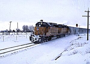 Union Pacific Railroad | Idaho Falls, Idaho | EMD SD40-2 #3363 and #3383 diesel-electric locomotives | northbound freight | February 22, 1993 | Dick Flock photograph / collection