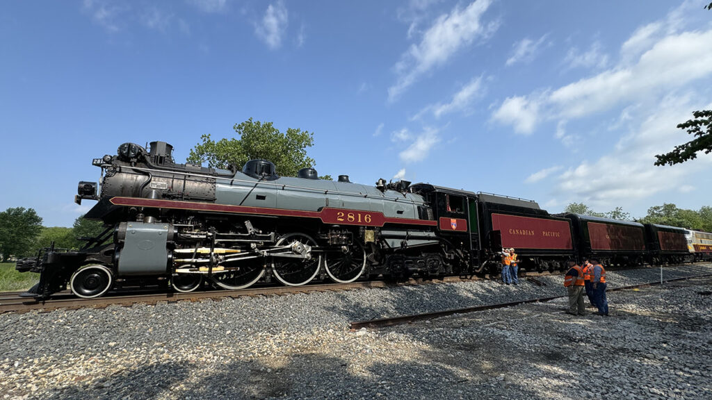 Photo of the CPKC Steam Final Spike Anniversary Tour Train, including the CP 2816 locomotive.