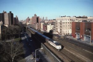 Amtrak | on Metro North Commuter Railroad | New York, New York | EMD FL9 #487 diesel-electric locomotive | Eastbound Niagara Rainbow | March 16, 1991 | Scott Hartley photograph | Mitchell E. Dakelman collection
