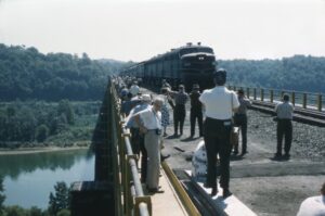 Baltimore and Ohio Railroad | on Bessemer and Lake Erie Allegheny River Bridge | Harmar Township, Pennsylvania | Alco FA2 #4021 + 1 diesel-electric locomotives | NRHS Convention Fan Trip | September 1959 | Henry Libby photograph / collection