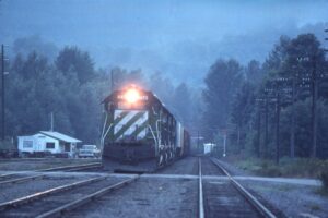 Burlington Northern Railway | Skykomish, Washington | EMD SD45 #6473 + 2 diesel-electric locomotives | westbound freight | September 11, 1981 | unknown photographer | Stephen Timko collection