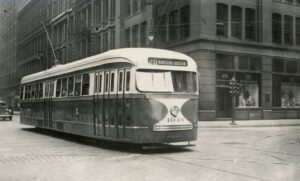 Chicago Surface Lines | Chicago, Illinois | Saint Louis Car Company PCC Streetcar #4049 | Route 20 Madison – Austin | May 11, 1940 | Frank xxxx photograph | Elmer Kremkow collection